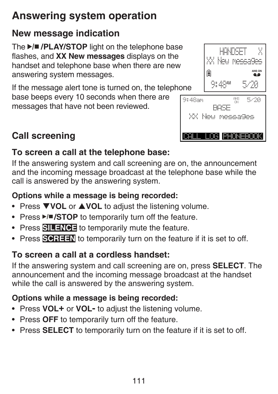 Answering system operation, New message indication, Call screening | VTech SN6197_-2 Manual User Manual | Page 118 / 162