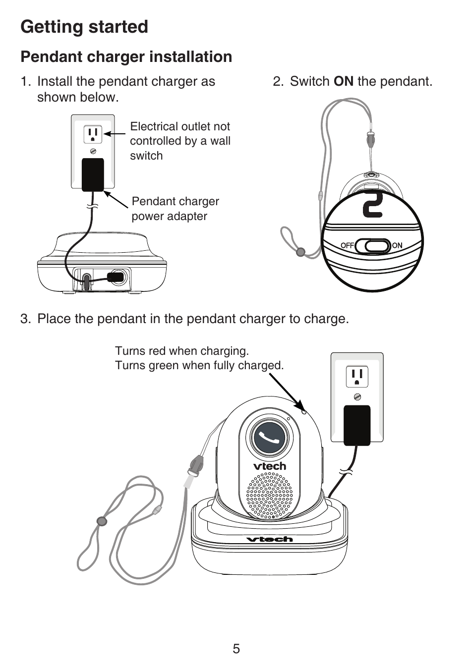 Pendant charger installation, Getting started | VTech SN6197_-2 Manual User Manual | Page 12 / 162