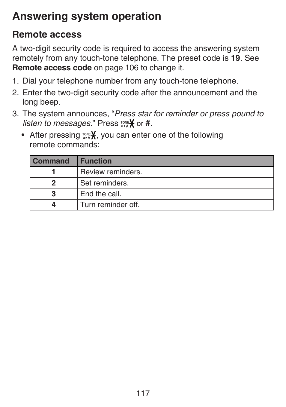 Answering system operation, Remote access | VTech SN6197_-2 Manual User Manual | Page 124 / 162
