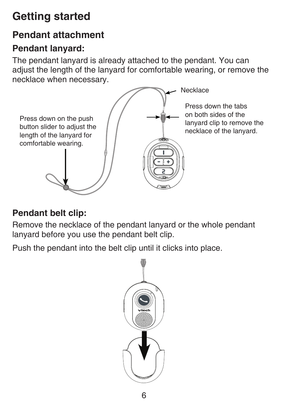 Pendant attachment, Getting started, Pendant lanyard | Pendant belt clip | VTech SN6197_-2 Manual User Manual | Page 13 / 162