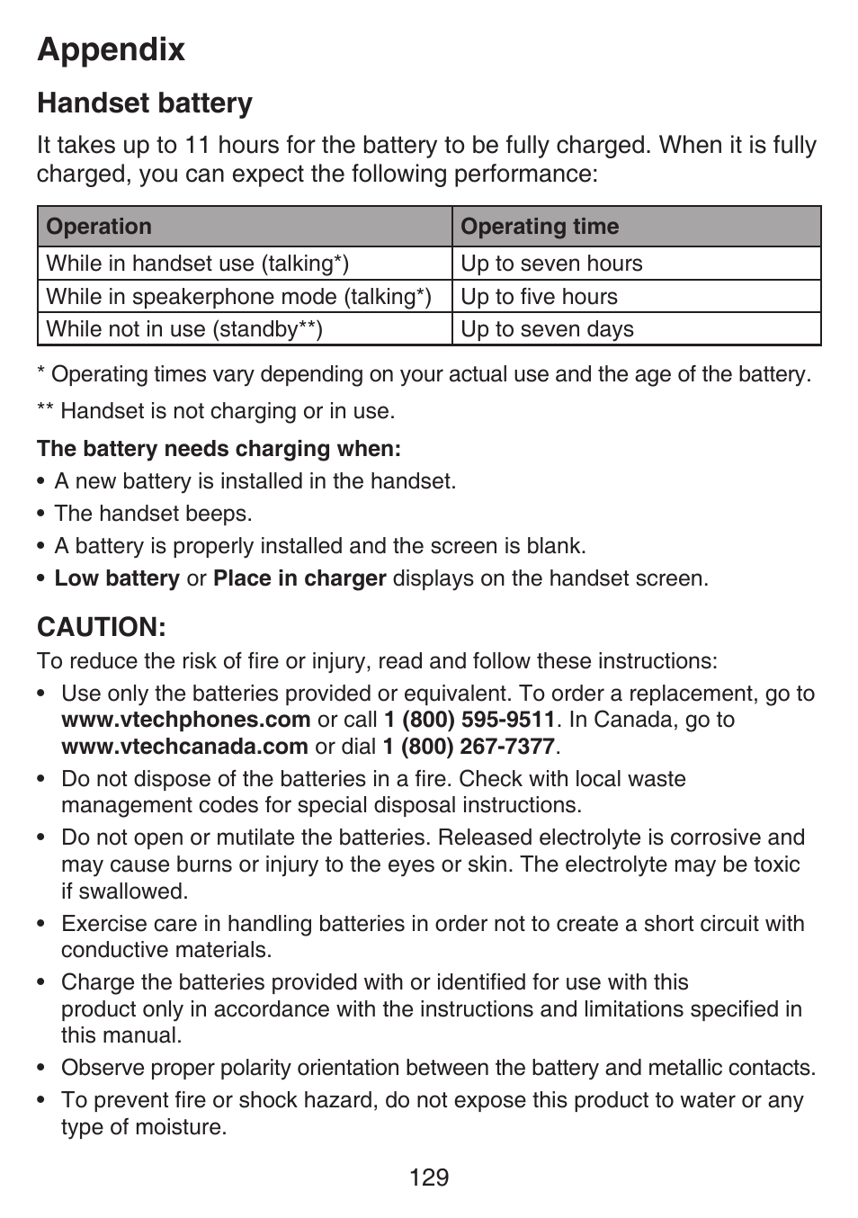 Appendix, Handset battery, Caution | VTech SN6197_-2 Manual User Manual | Page 136 / 162