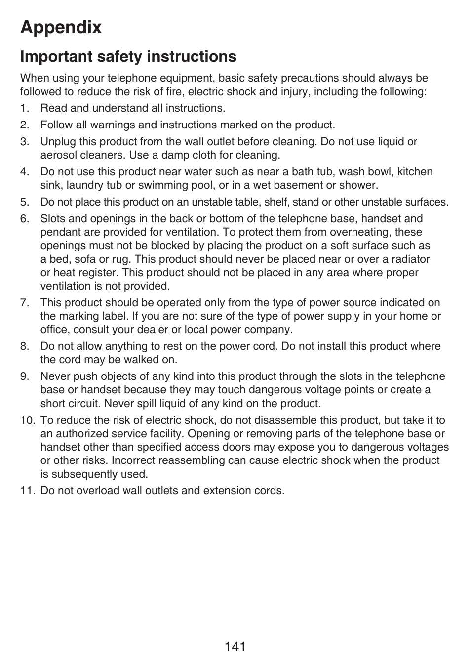 Important safety information, Appendix, Important safety instructions | VTech SN6197_-2 Manual User Manual | Page 148 / 162