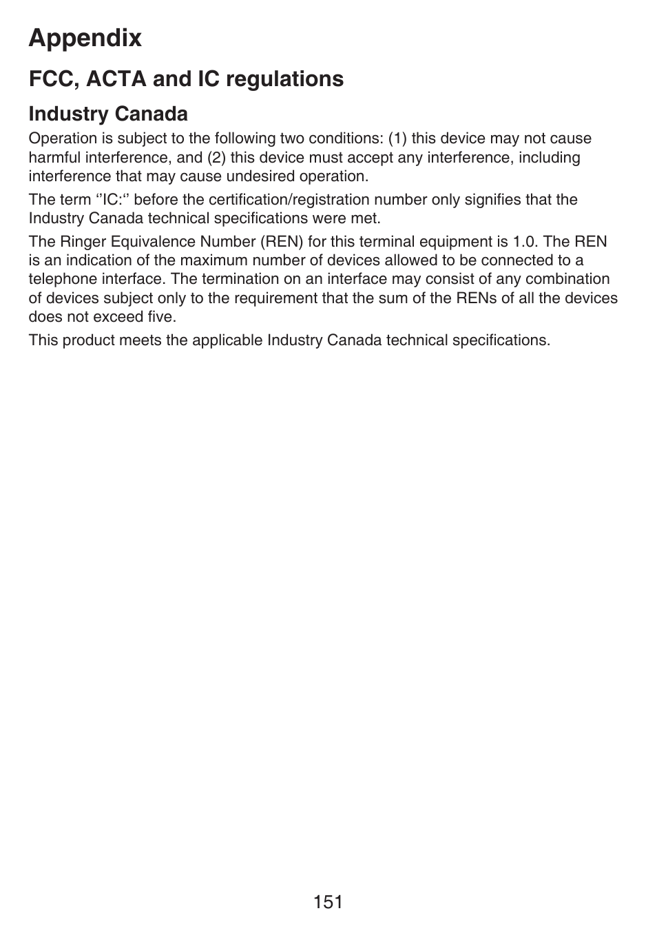 Appendix, Fcc, acta and ic regulations, Industry canada | VTech SN6197_-2 Manual User Manual | Page 158 / 162