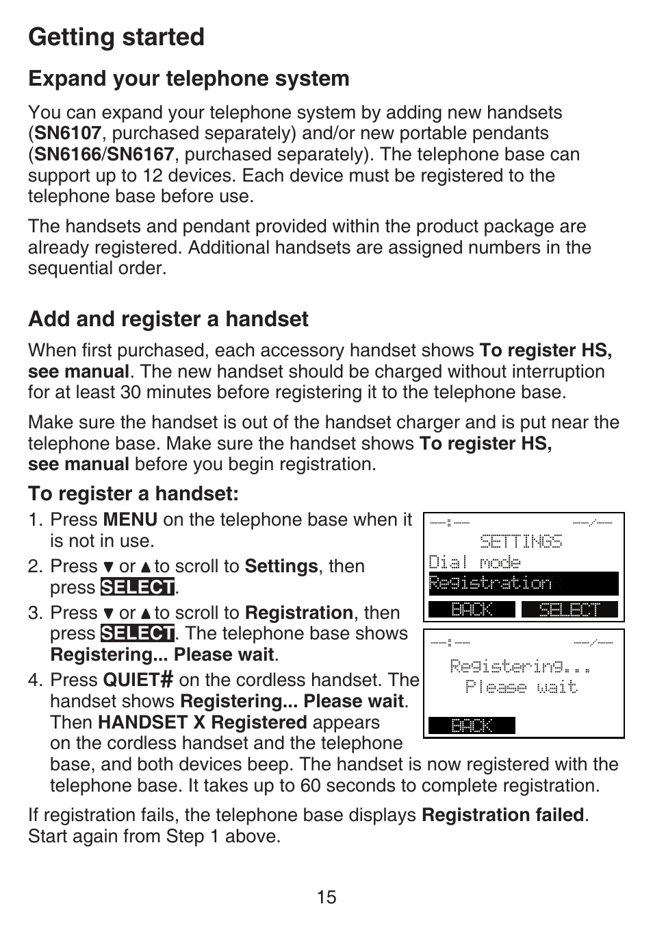 Expand your telephone, System, Add and register a handset | Getting started, Expand your telephone system | VTech SN6197_-2 Manual User Manual | Page 22 / 162