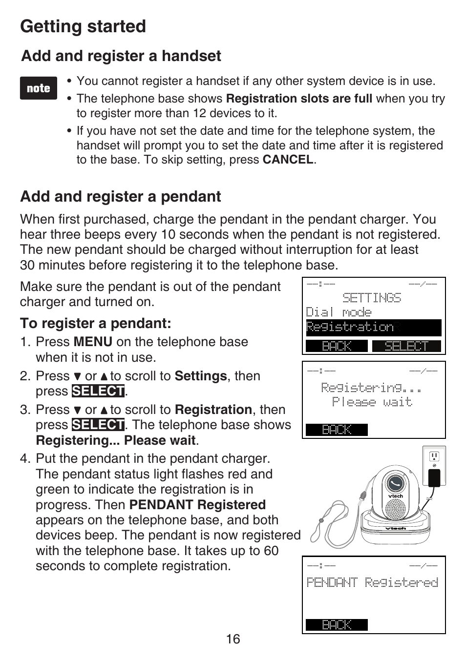 Add and register a pendant, Getting started, Add and register a handset | VTech SN6197_-2 Manual User Manual | Page 23 / 162