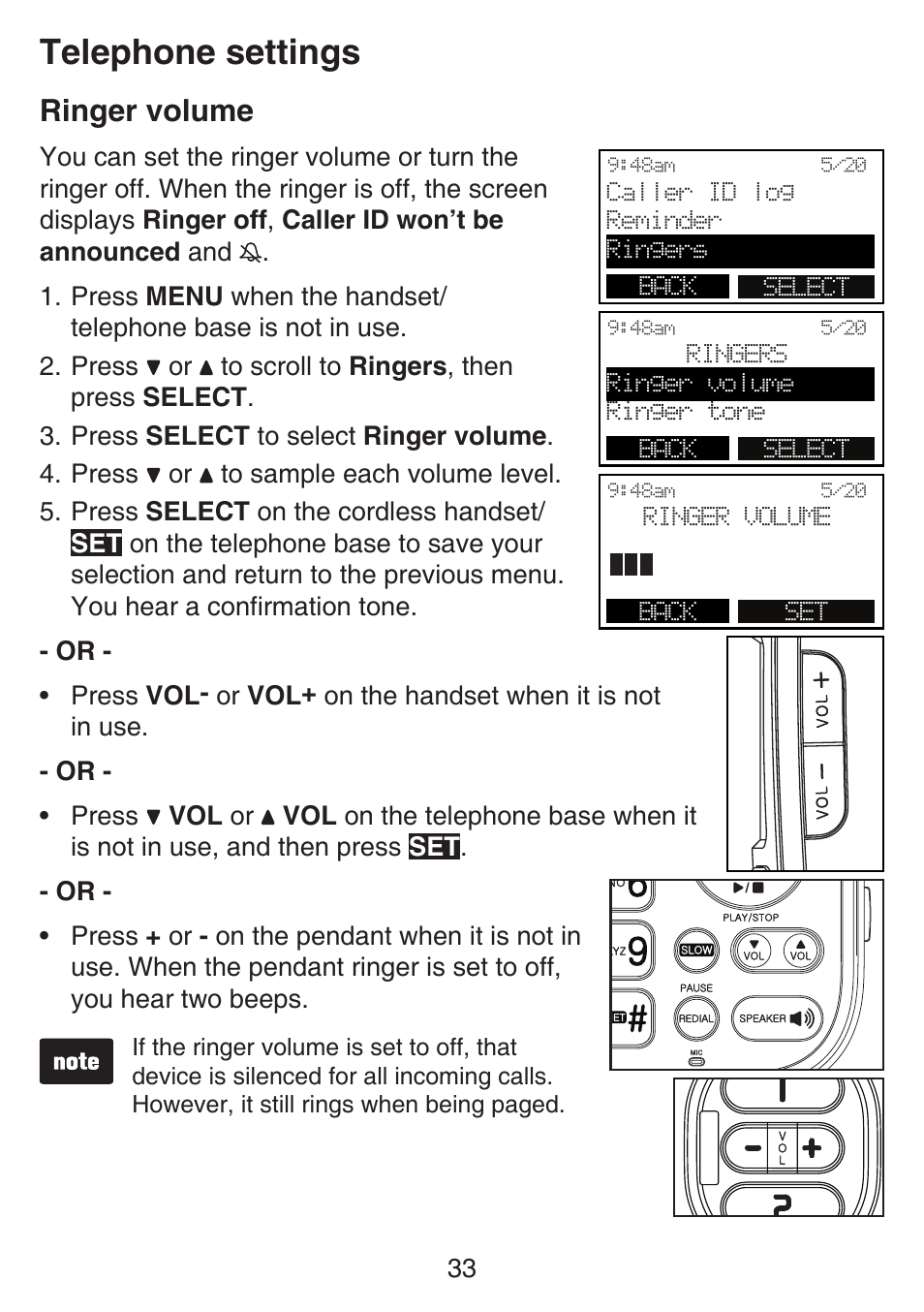 Ringer volume, Telephone settings | VTech SN6197_-2 Manual User Manual | Page 40 / 162