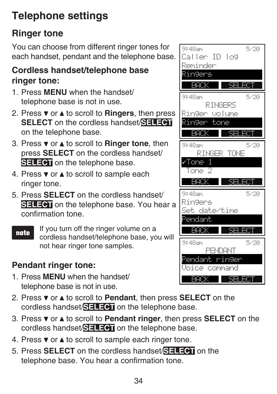 Ringer tone, Telephone settings, Cordless handset/telephone base ringer tone | Pendant ringer tone | VTech SN6197_-2 Manual User Manual | Page 41 / 162