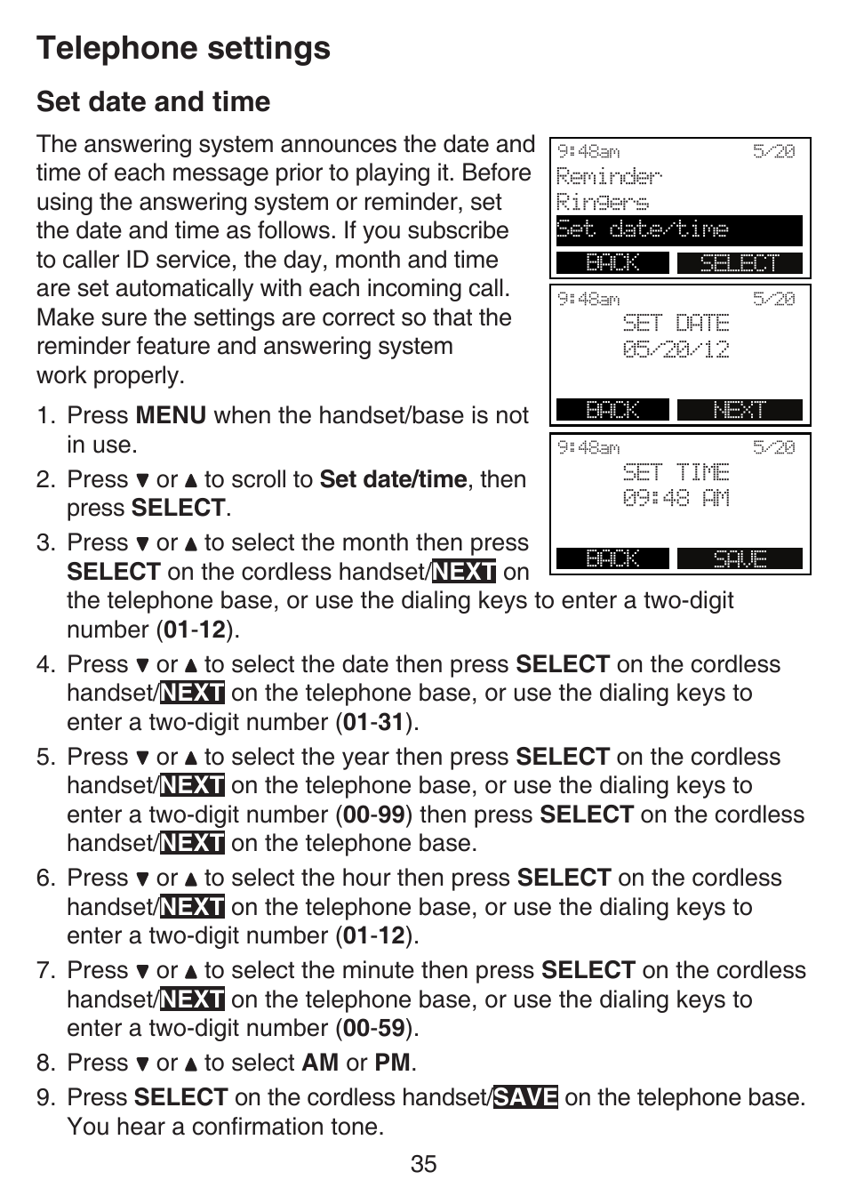 Set date and time, Telephone settings | VTech SN6197_-2 Manual User Manual | Page 42 / 162