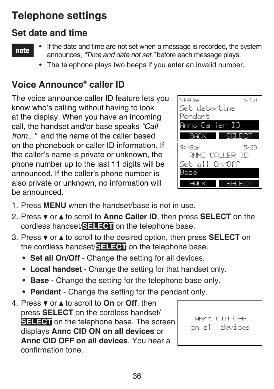 Voice announce caller id, Telephone settings, Set date and time | VTech SN6197_-2 Manual User Manual | Page 43 / 162