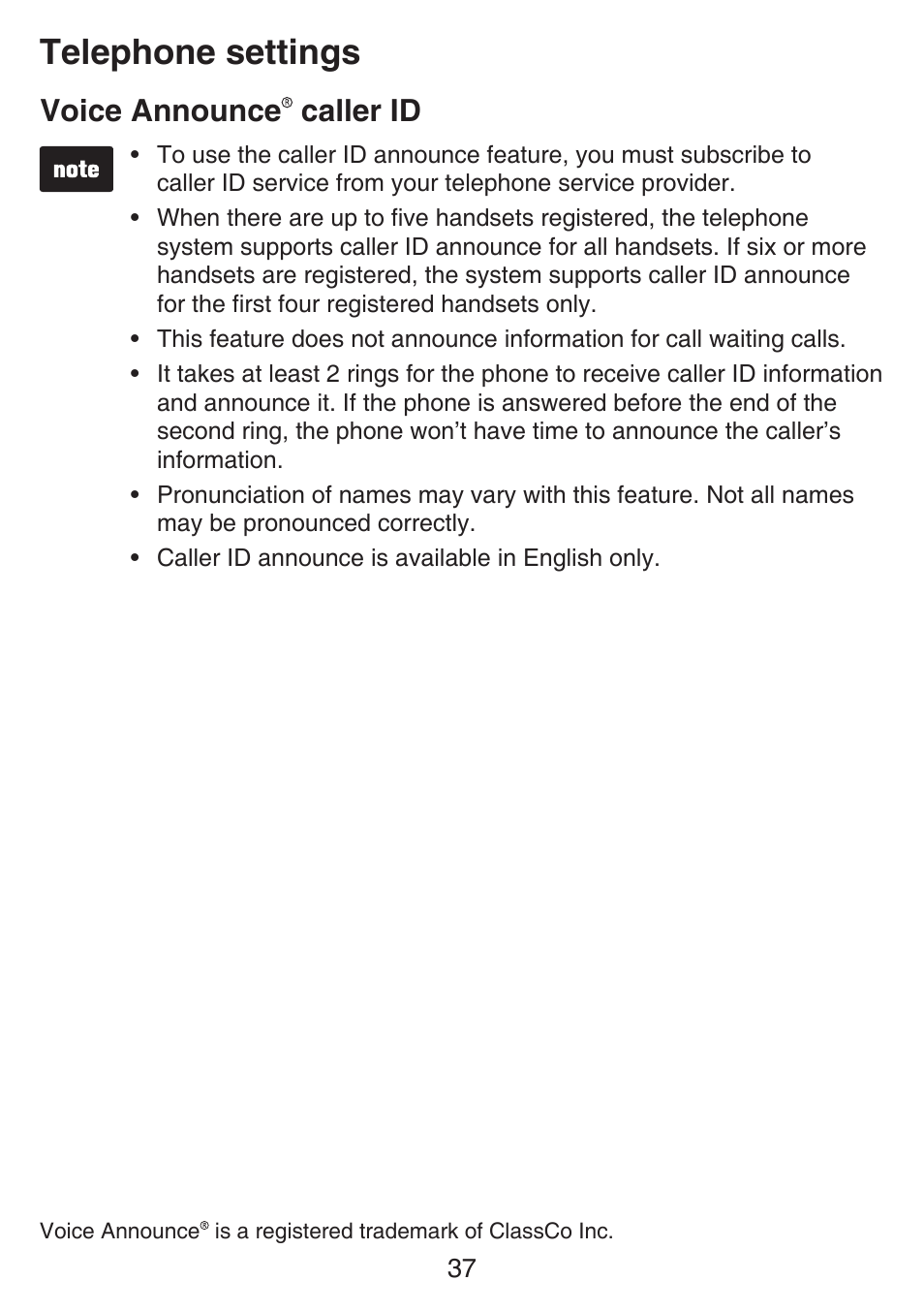 Telephone settings, Voice announce caller id | VTech SN6197_-2 Manual User Manual | Page 44 / 162