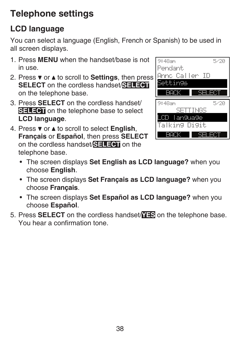 Lcd language, Telephone settings | VTech SN6197_-2 Manual User Manual | Page 45 / 162