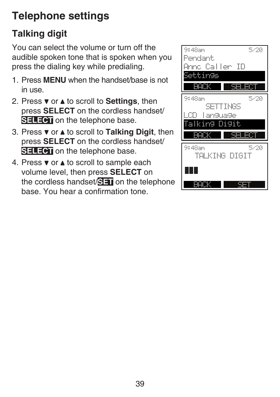 Talking digit, Telephone settings | VTech SN6197_-2 Manual User Manual | Page 46 / 162