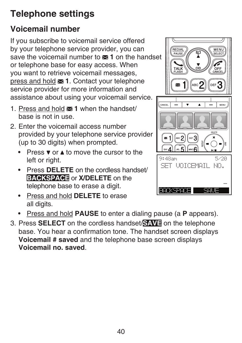 Voicemail number, Telephone settings | VTech SN6197_-2 Manual User Manual | Page 47 / 162