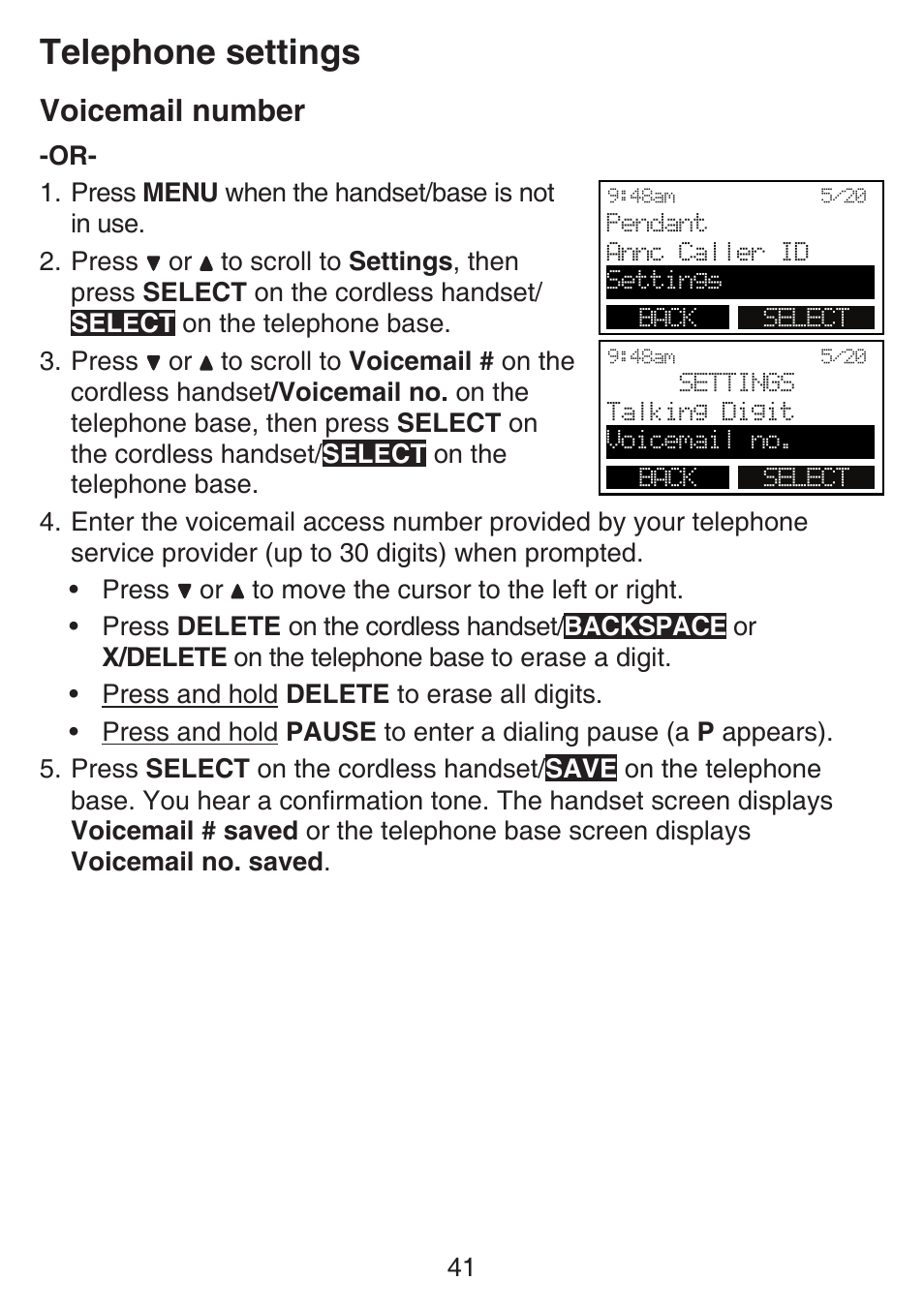 Telephone settings, Voicemail number | VTech SN6197_-2 Manual User Manual | Page 48 / 162