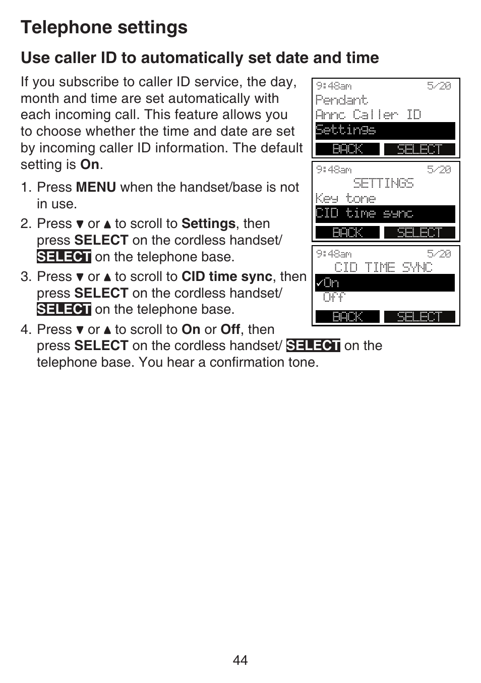 Use caller id to automatically, Set date and time, Telephone settings | Use caller id to automatically set date and time | VTech SN6197_-2 Manual User Manual | Page 51 / 162