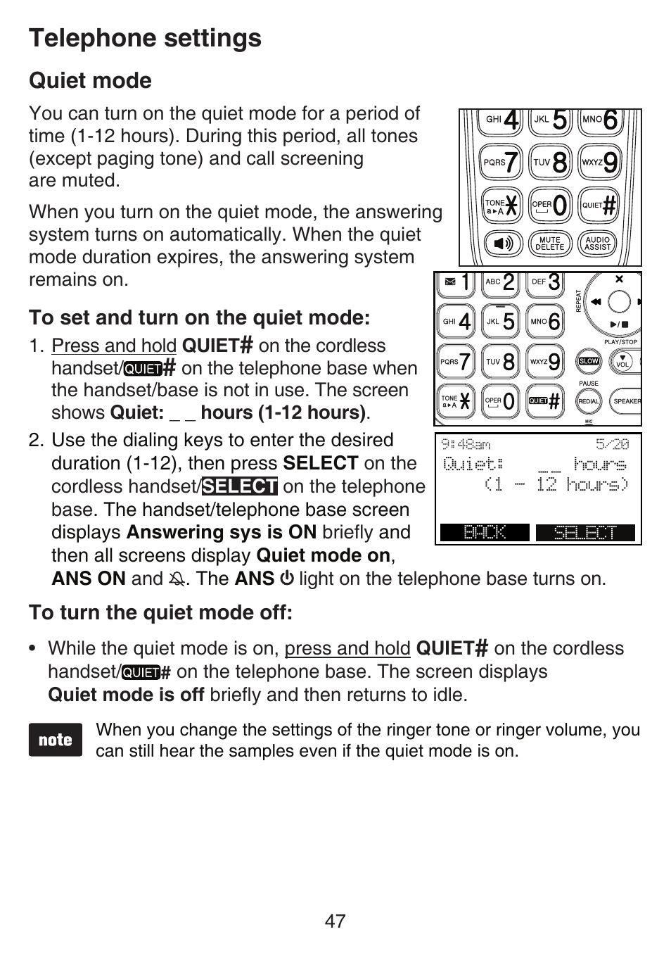 Quiet mode, Telephone settings | VTech SN6197_-2 Manual User Manual | Page 54 / 162