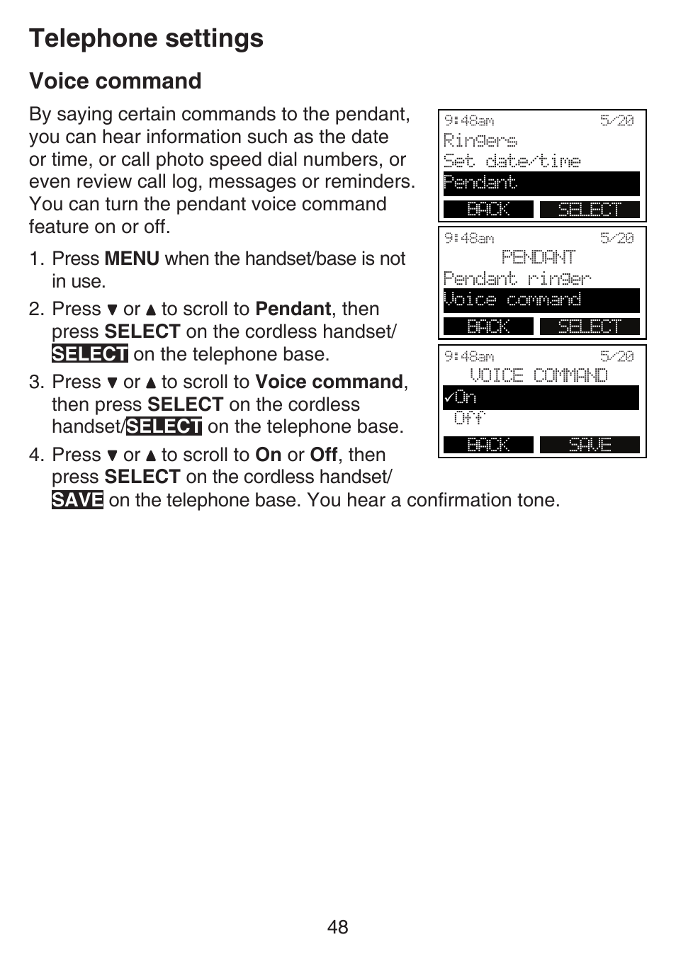 Voice command, Telephone settings | VTech SN6197_-2 Manual User Manual | Page 55 / 162