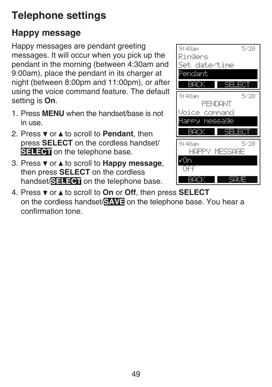 Happy message, Telephone settings | VTech SN6197_-2 Manual User Manual | Page 56 / 162