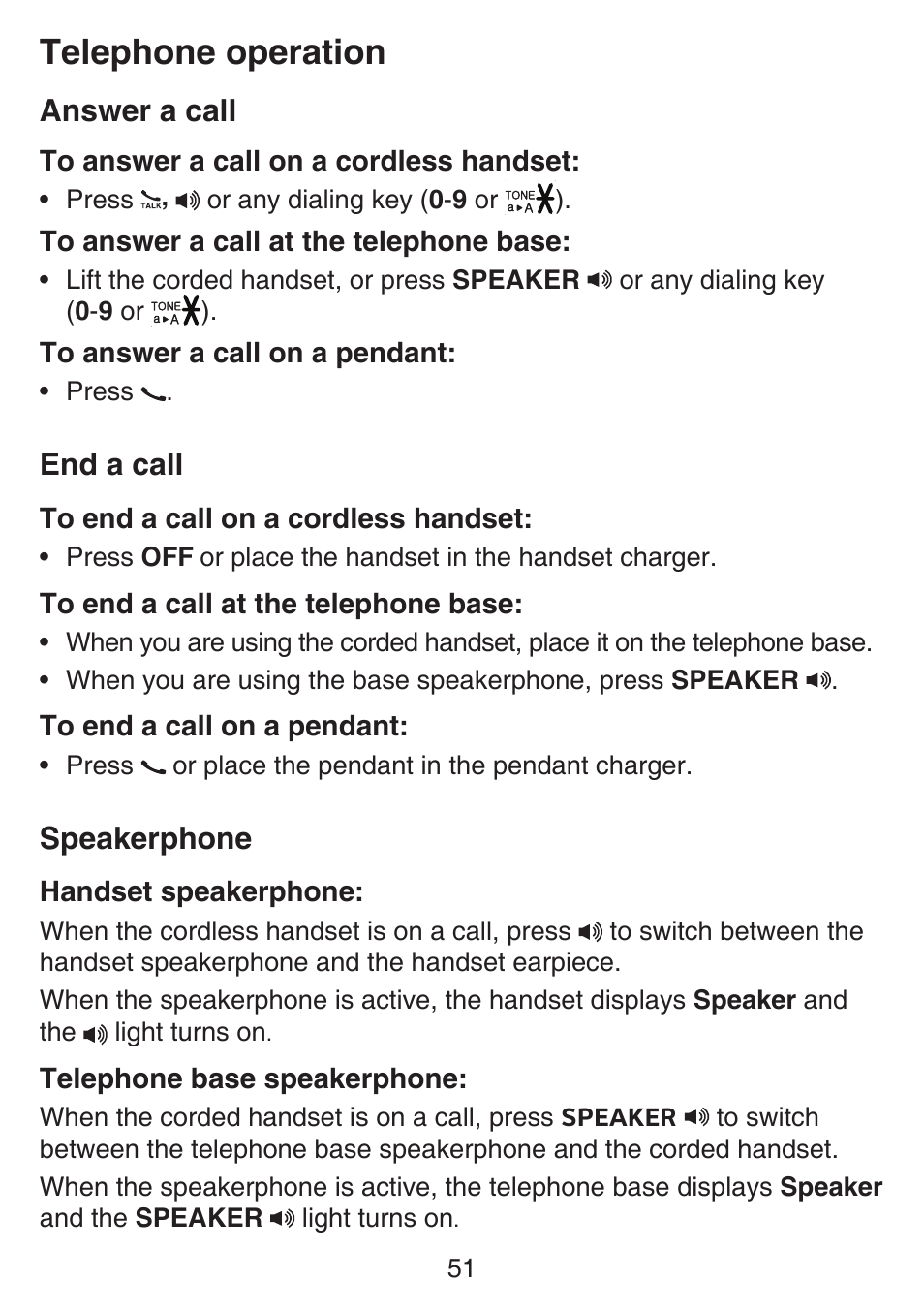 Answer a call end a call speakerphone, Telephone operation, Answer a call | End a call, Speakerphone | VTech SN6197_-2 Manual User Manual | Page 58 / 162