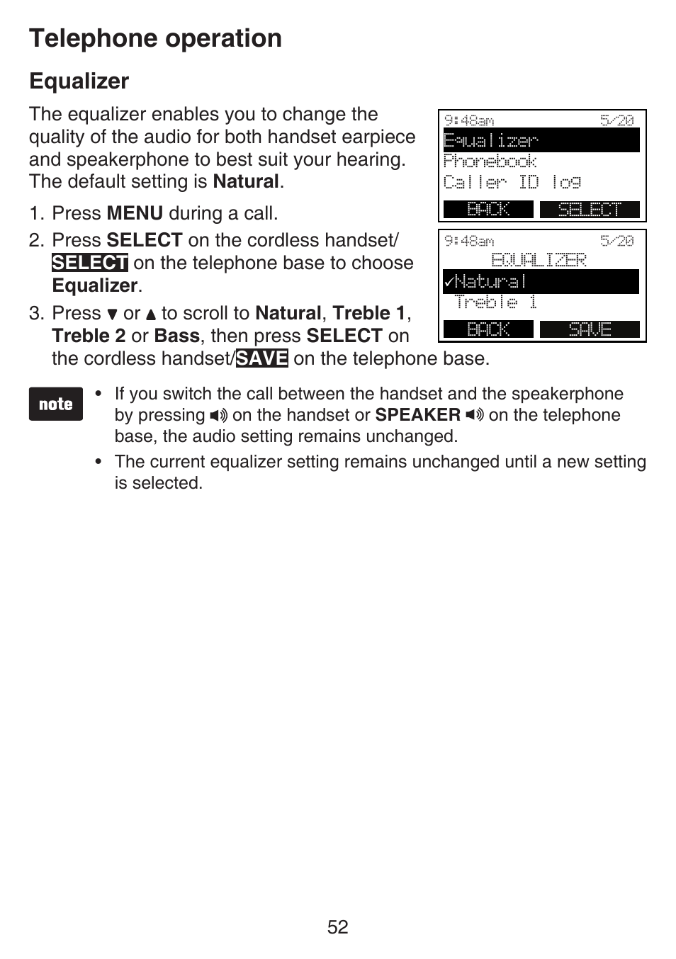 Flash, Mute, Temporary tone dialing | Equalizer, Telephone operation | VTech SN6197_-2 Manual User Manual | Page 59 / 162