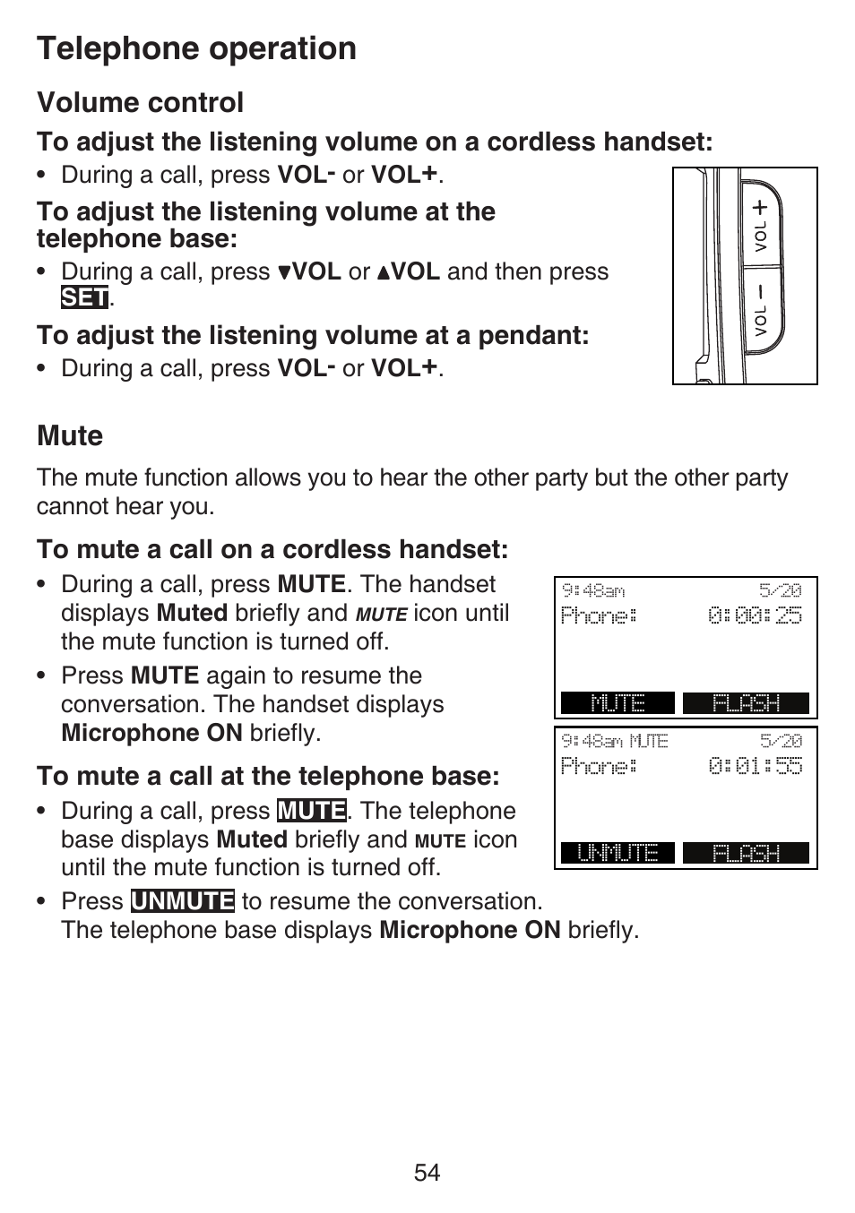 Telephone operation, Volume control, Mute | VTech SN6197_-2 Manual User Manual | Page 61 / 162