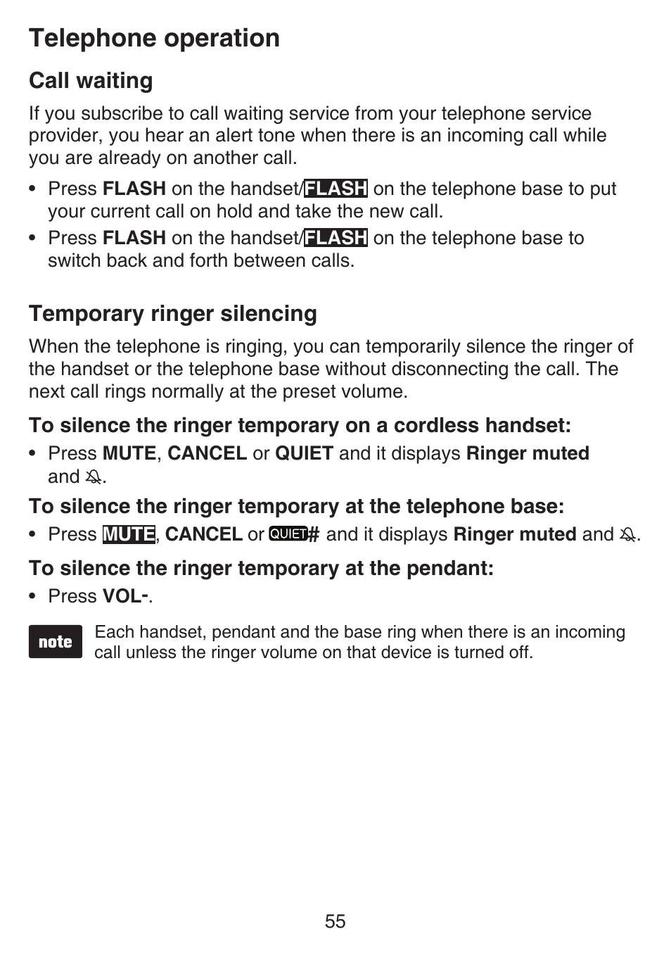 Dialing a number stored in the one-touch location, Storing a number in a two-touch location, Dialing a number stored in the two-touch location | Telephone operation, Call waiting, Temporary ringer silencing | VTech SN6197_-2 Manual User Manual | Page 62 / 162