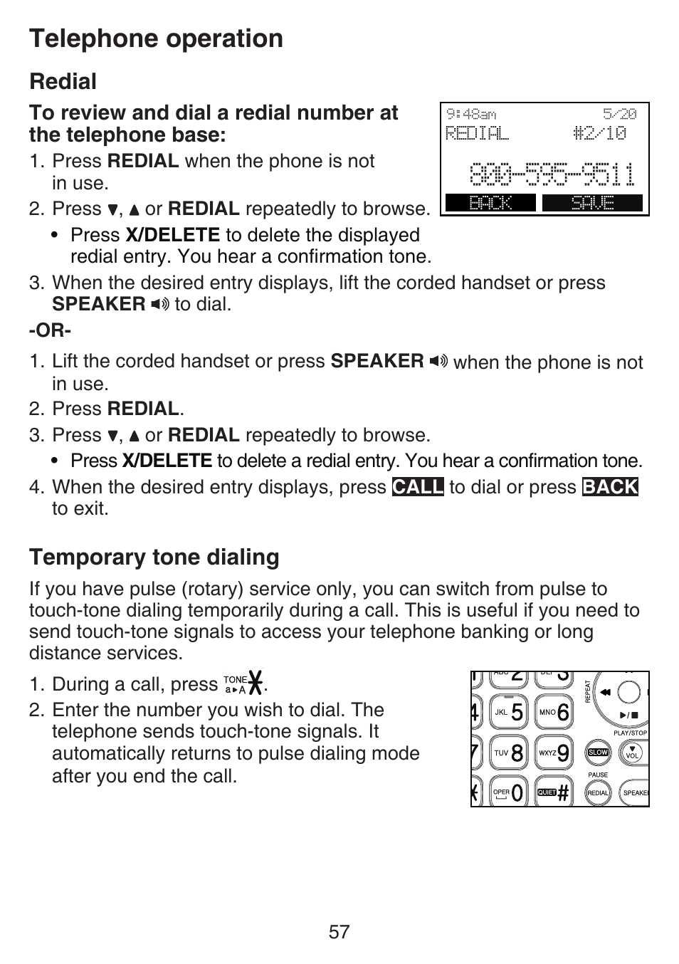 Telephone operation, Redial, Temporary tone dialing | VTech SN6197_-2 Manual User Manual | Page 64 / 162