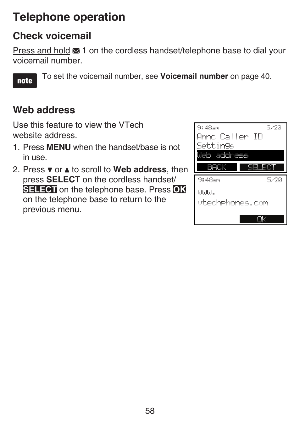 Telephone operation, Check voicemail, Web address | VTech SN6197_-2 Manual User Manual | Page 65 / 162