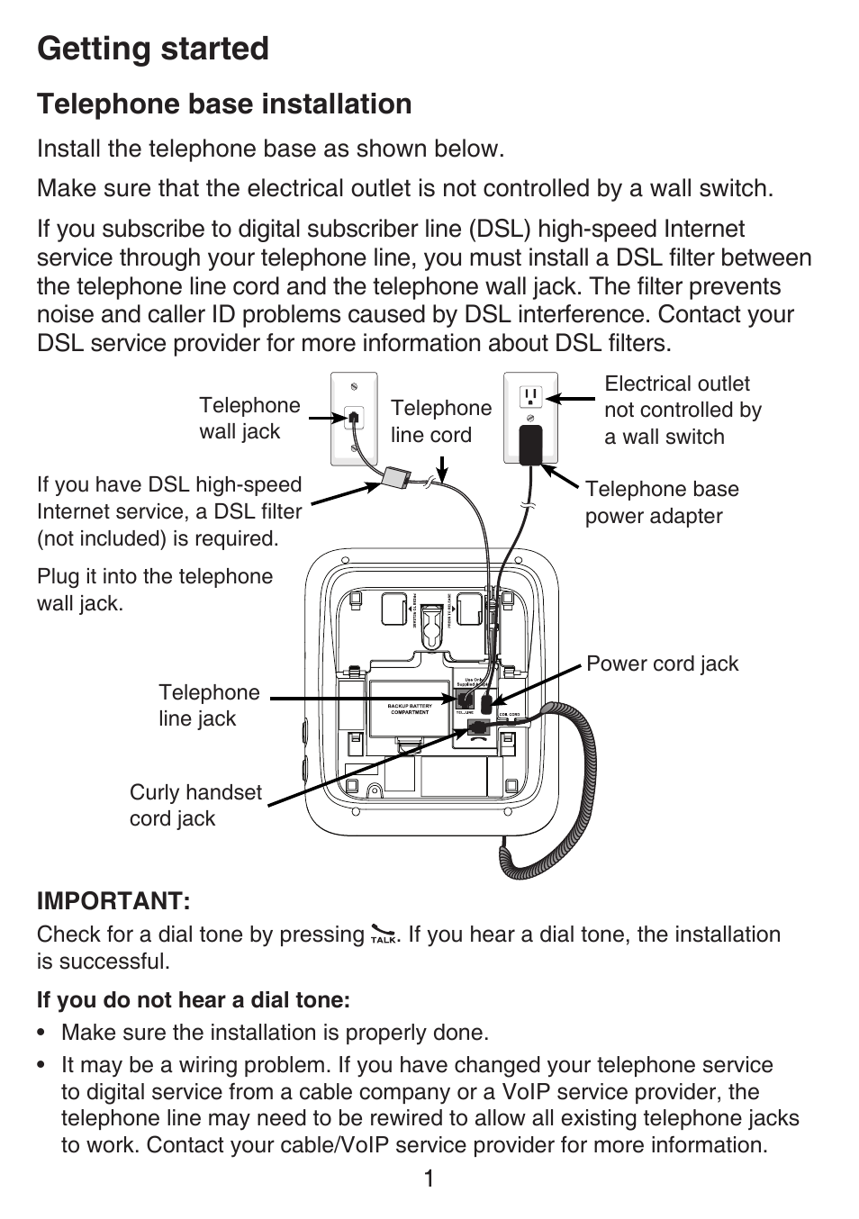 Telephone installation, Getting started, Telephone base installation | VTech SN6197_-2 Manual User Manual | Page 8 / 162