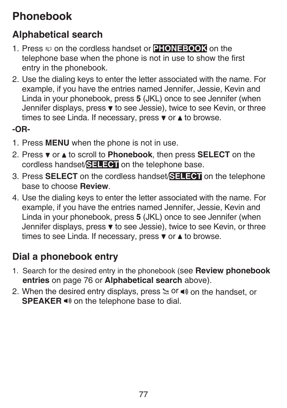 Phonebook, Alphabetical search, Dial a phonebook entry | VTech SN6197_-2 Manual User Manual | Page 84 / 162