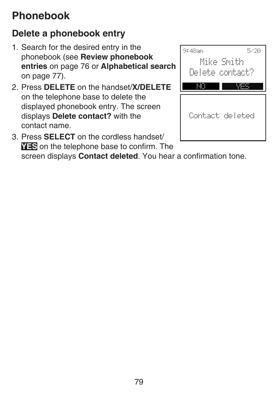 Phonebook, Delete a phonebook entry | VTech SN6197_-2 Manual User Manual | Page 86 / 162