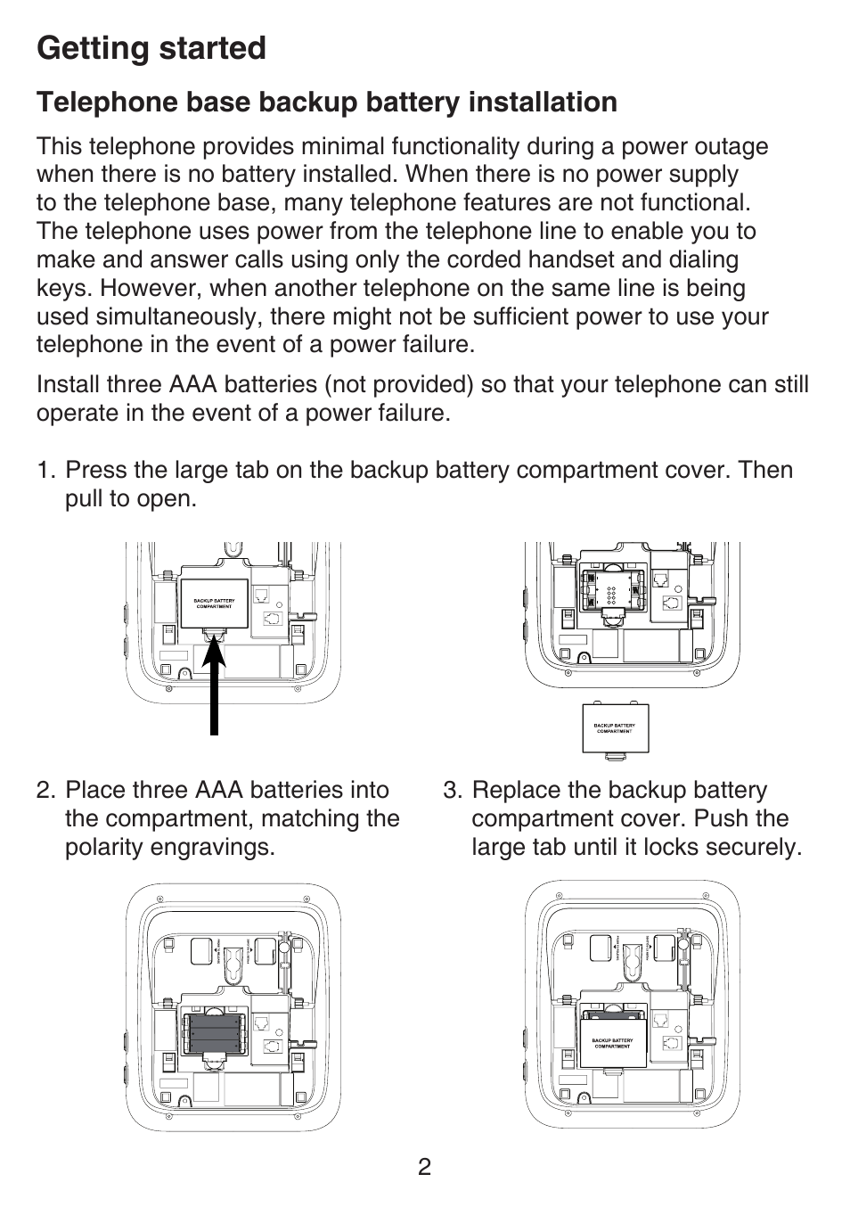 Telephone base backup battery, Installation, Getting started | Telephone base backup battery installation | VTech SN6197_-2 Manual User Manual | Page 9 / 162