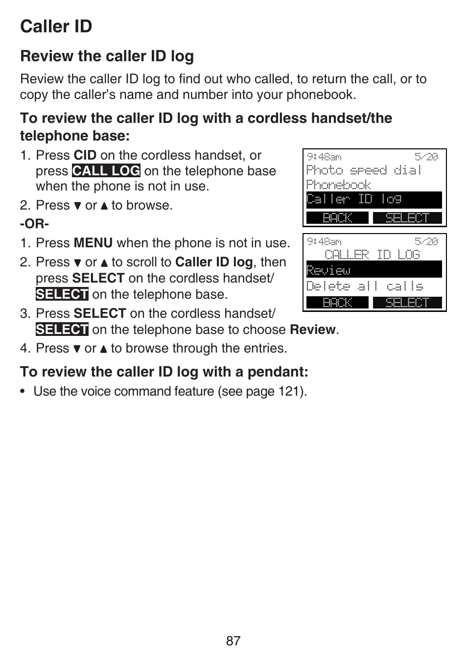 Caller id, Review the caller id log | VTech SN6197_-2 Manual User Manual | Page 94 / 162