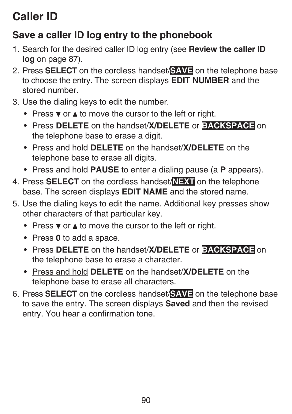 Caller id, Save a caller id log entry to the phonebook | VTech SN6197_-2 Manual User Manual | Page 97 / 162