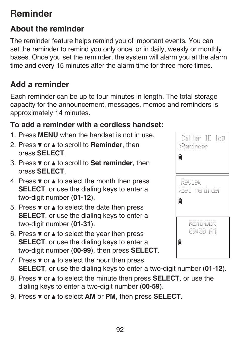 Reminder, About the reminder, Add a reminder | VTech SN6197_-2 Manual User Manual | Page 99 / 162