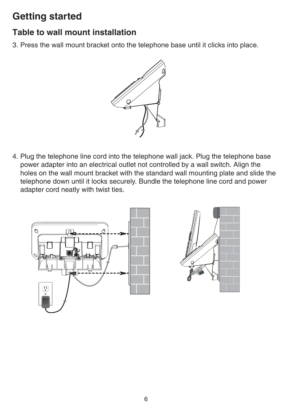 Getting started, Table to wall mount installation | VTech CS6859_-2-3-4 Manual User Manual | Page 10 / 89