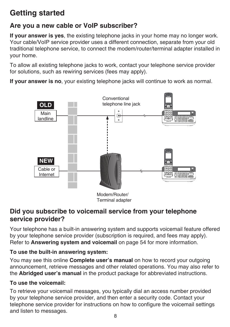 Are you a new cable or voip subscriber, Are you a new cable or, Voip subscriber? did you subscribe to voicemail | Service from your telephone, Service provider, Getting started | VTech CS6859_-2-3-4 Manual User Manual | Page 12 / 89