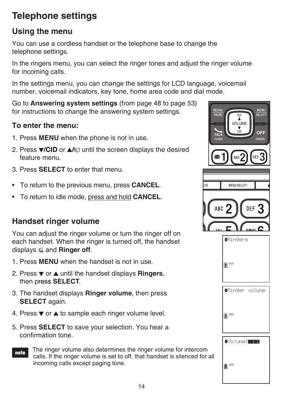 Telephone settings, Using the menu, Handset ringer volume | Using the menu handset ringer volume | VTech CS6859_-2-3-4 Manual User Manual | Page 18 / 89