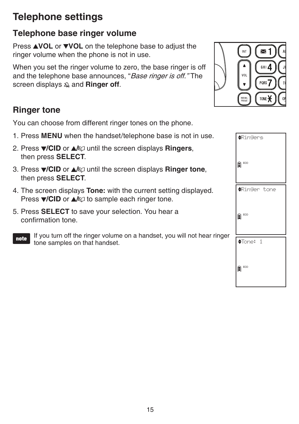 Telephone base ringer volume, Ringer tone, Telephone base ringer volume ringer tone | Telephone settings | VTech CS6859_-2-3-4 Manual User Manual | Page 19 / 89