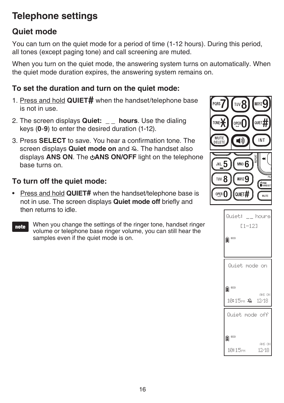 Quiet mode, Telephone settings, Press and hold quiet | VTech CS6859_-2-3-4 Manual User Manual | Page 20 / 89