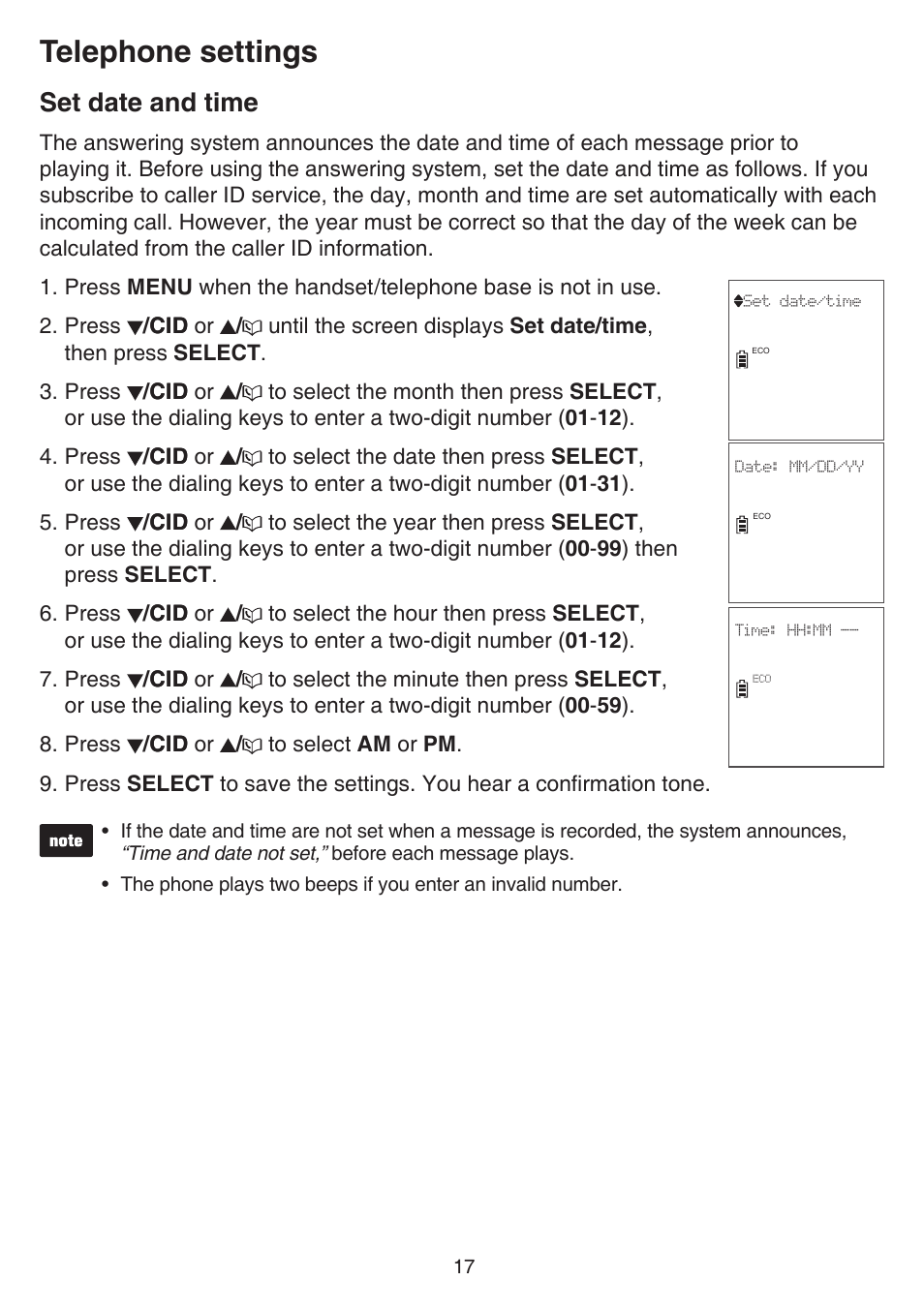 Set date and time, Telephone settings | VTech CS6859_-2-3-4 Manual User Manual | Page 21 / 89