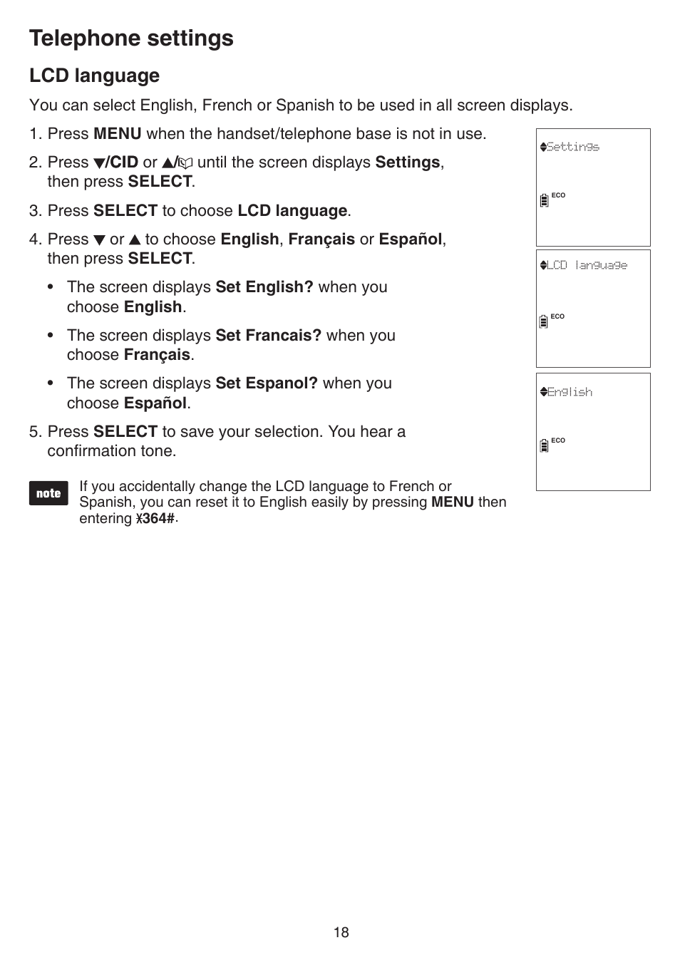 Lcd language, Telephone settings | VTech CS6859_-2-3-4 Manual User Manual | Page 22 / 89