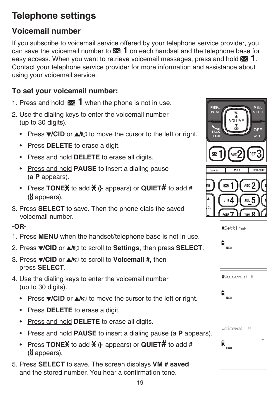 Voicemail number, Telephone settings | VTech CS6859_-2-3-4 Manual User Manual | Page 23 / 89