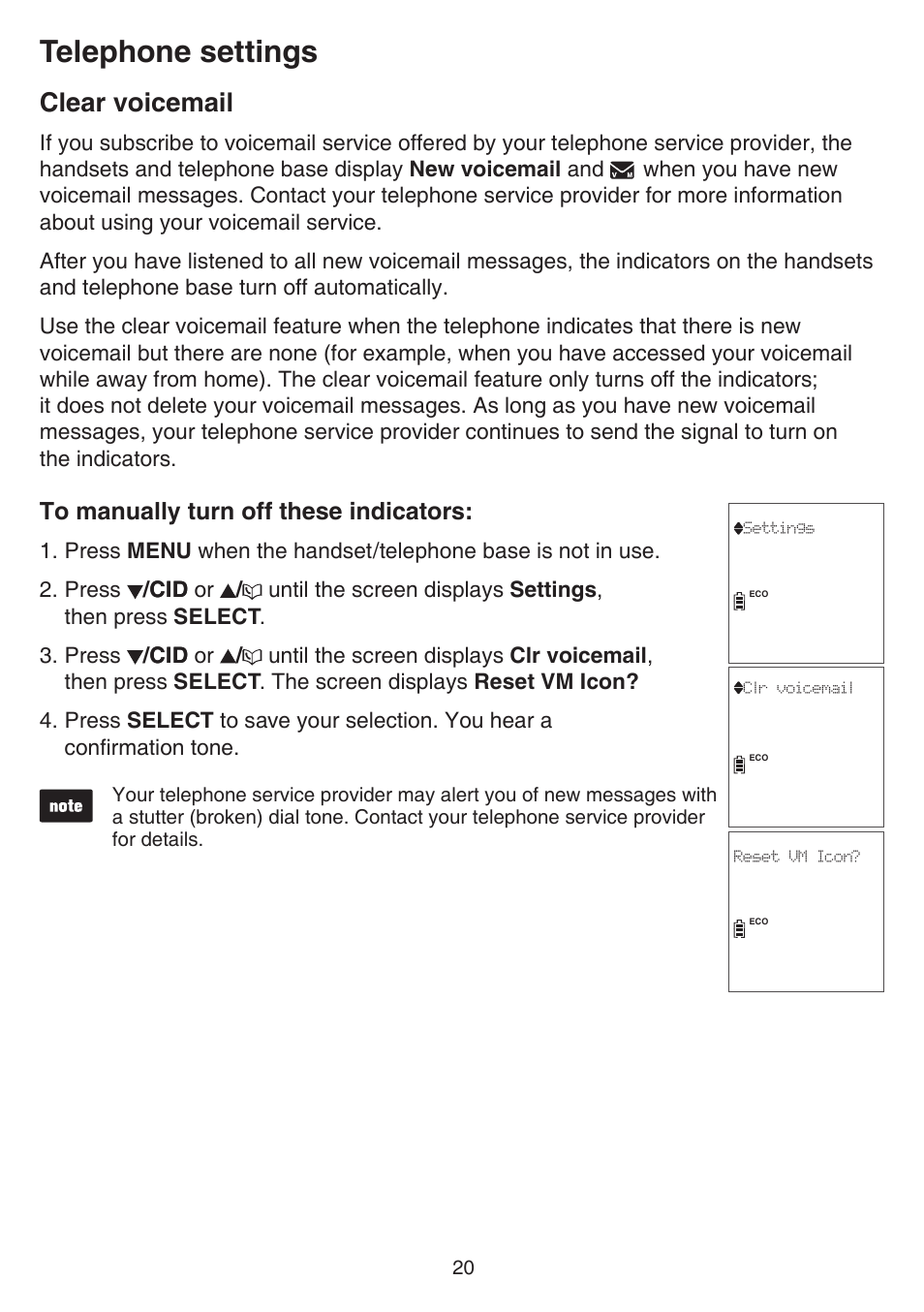 Clear voicemail, Telephone settings | VTech CS6859_-2-3-4 Manual User Manual | Page 24 / 89