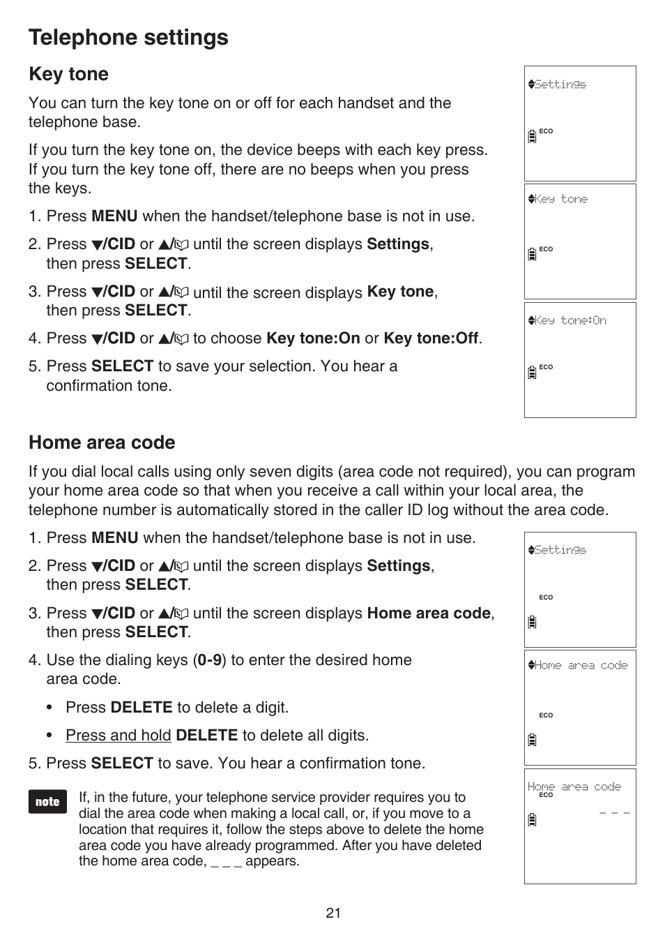 Key tone, Home area code, Key tone home area code | Telephone settings | VTech CS6859_-2-3-4 Manual User Manual | Page 25 / 89