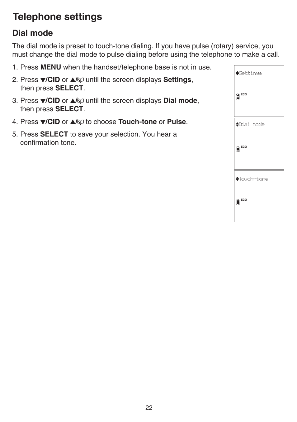 Dial mode, Telephone settings | VTech CS6859_-2-3-4 Manual User Manual | Page 26 / 89