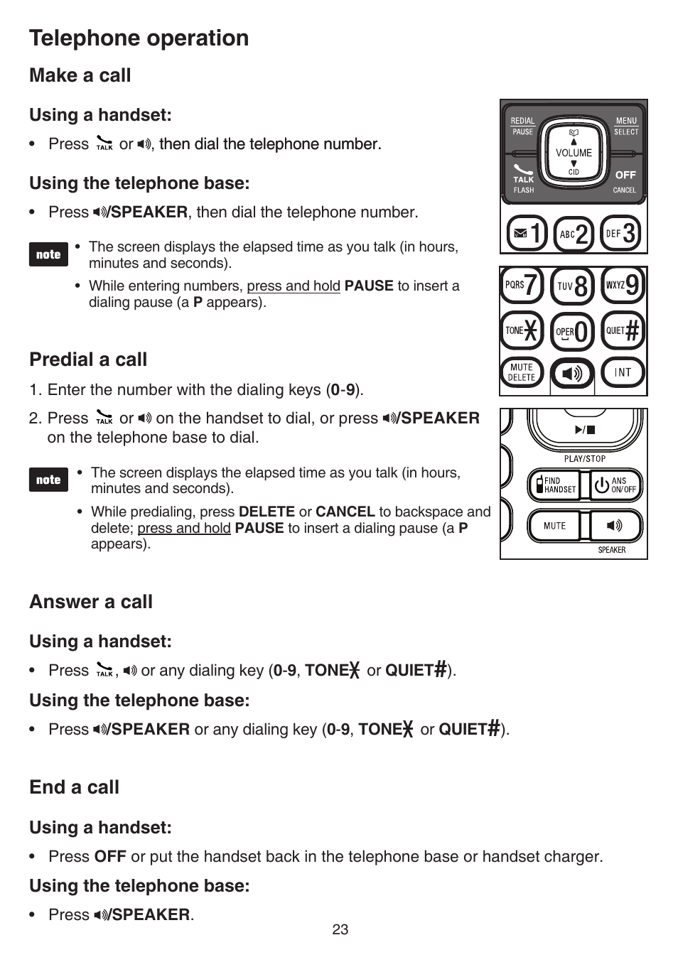 Telephone operation, Make a call, Predial a call | Answer a call, End a call | VTech CS6859_-2-3-4 Manual User Manual | Page 27 / 89