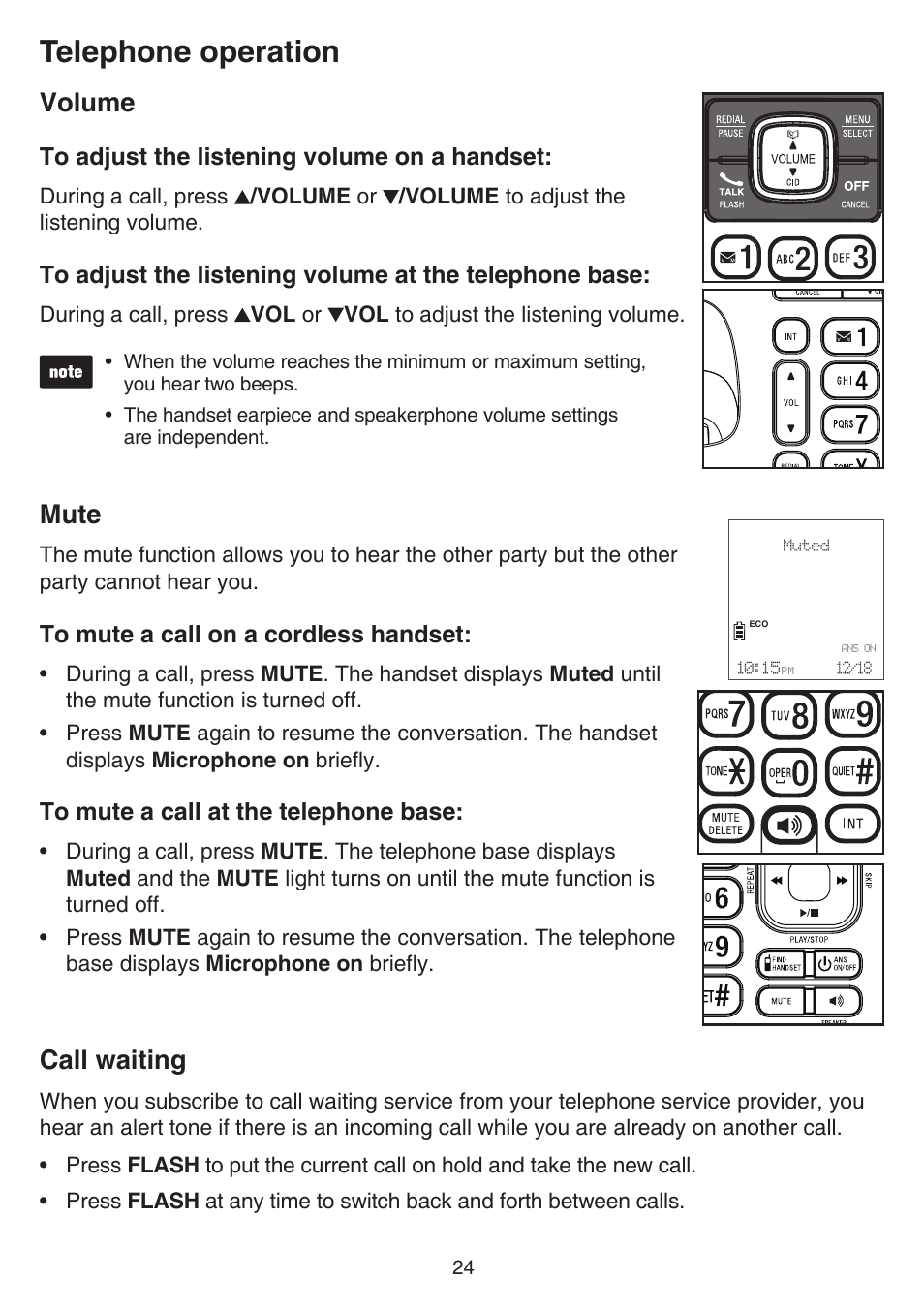 Volume, Mute, Call waiting | Volume mute, Telephone operation | VTech CS6859_-2-3-4 Manual User Manual | Page 28 / 89