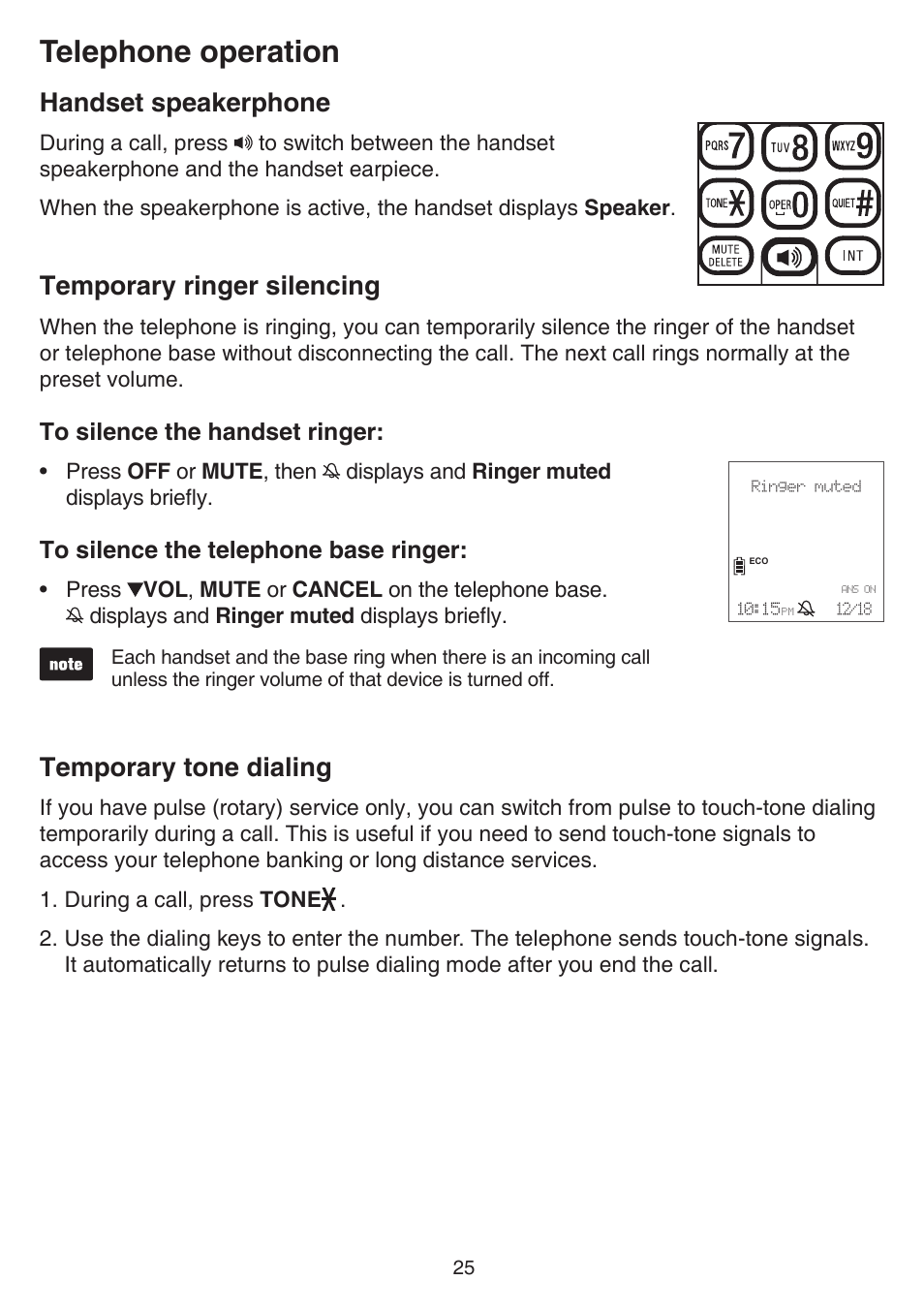 Handset speakerphone, Temporary ringer silencing, Temporary tone dialing | Telephone operation | VTech CS6859_-2-3-4 Manual User Manual | Page 29 / 89