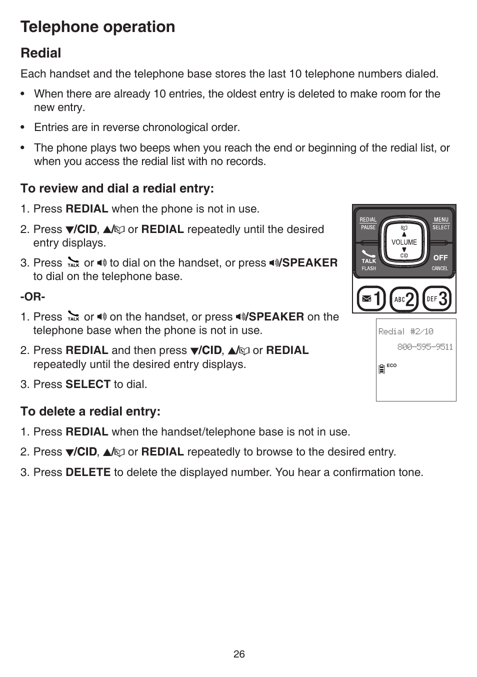 Redial, Telephone operation | VTech CS6859_-2-3-4 Manual User Manual | Page 30 / 89